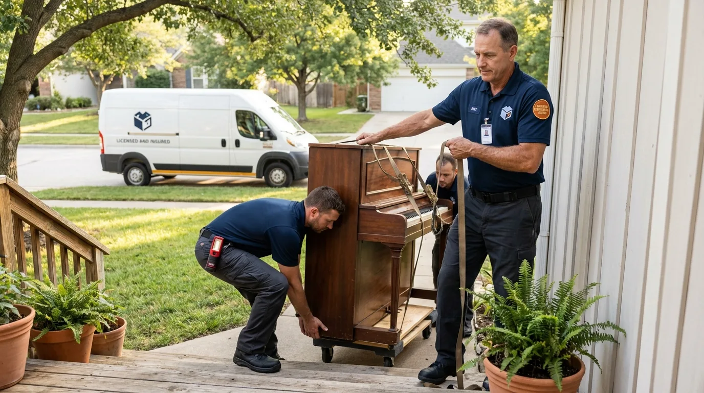 Licensed piano movers securing grand piano in Warrenton, MO