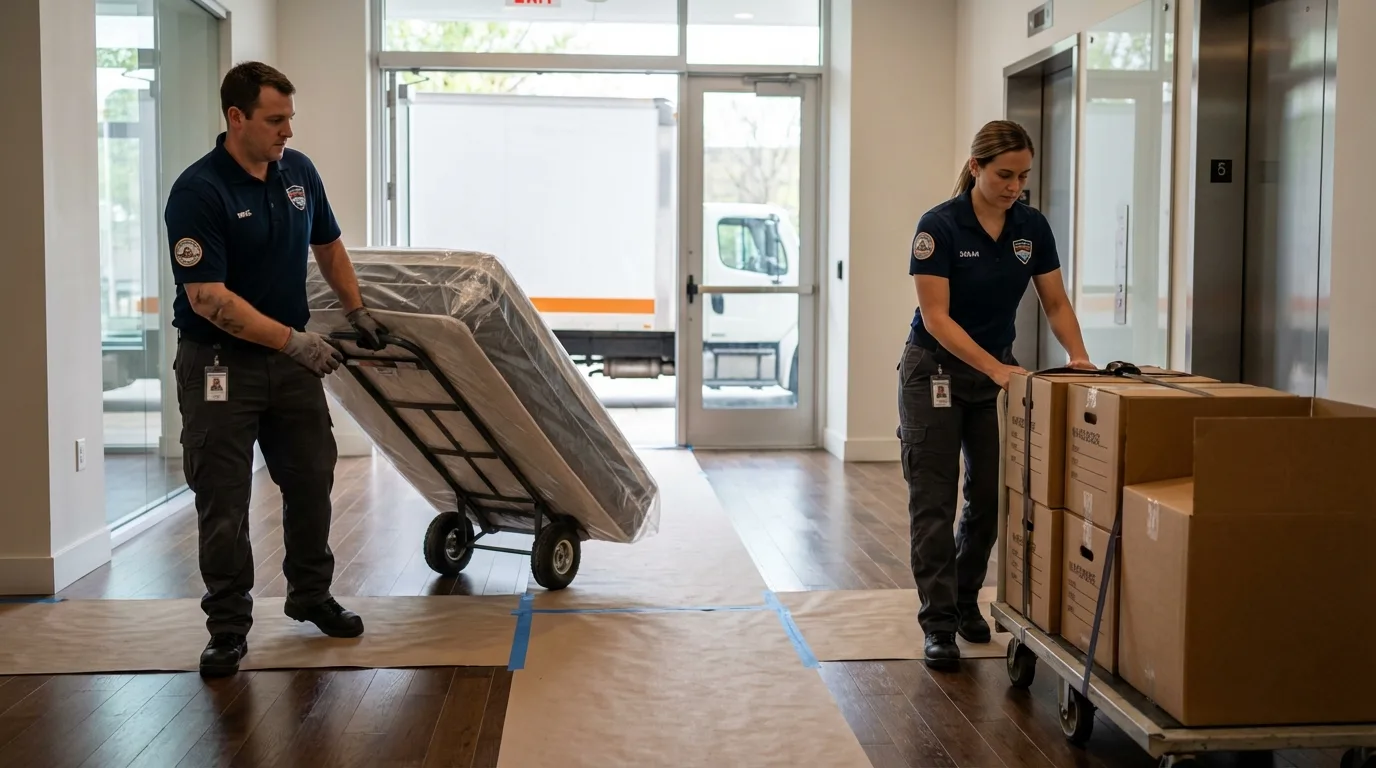 Professional apartment movers loading elevator in Warrenton, MO